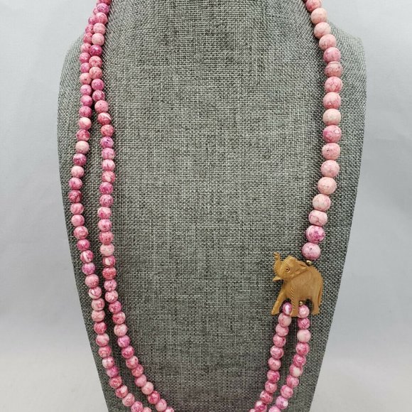 Pink Stone Beads Carved Wooden Elephant Necklace - Picture 1 of 5